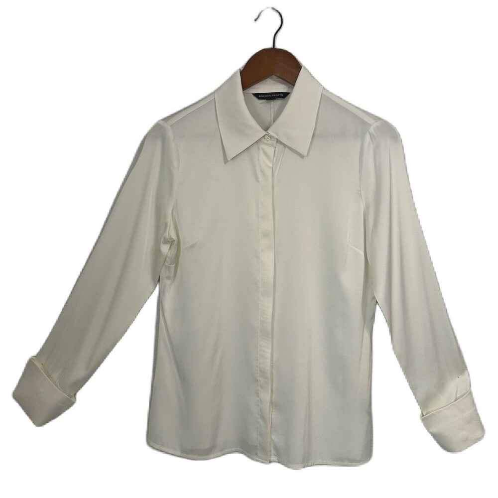 Boston Proper Blouse Women 10 Ivory Cuff Silky ButtonUp Office Businesscasual